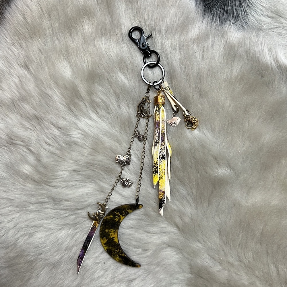 Hand Crafted Leather Moon Keychain Purse Clip with Colorful Accents